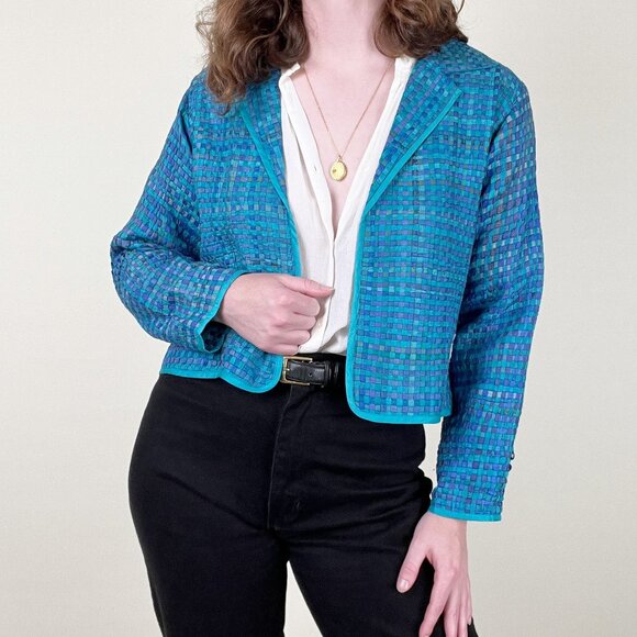 Vintage 100% Silk Woven Blazer Jacket Coat Cropped Open Boho Fairycore Whimsical - Picture 7 of 7